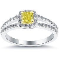 0.75 Carat Fancy Yellow Radiant Cut Diamond Engagement Ring 14k Gold Pave Halo