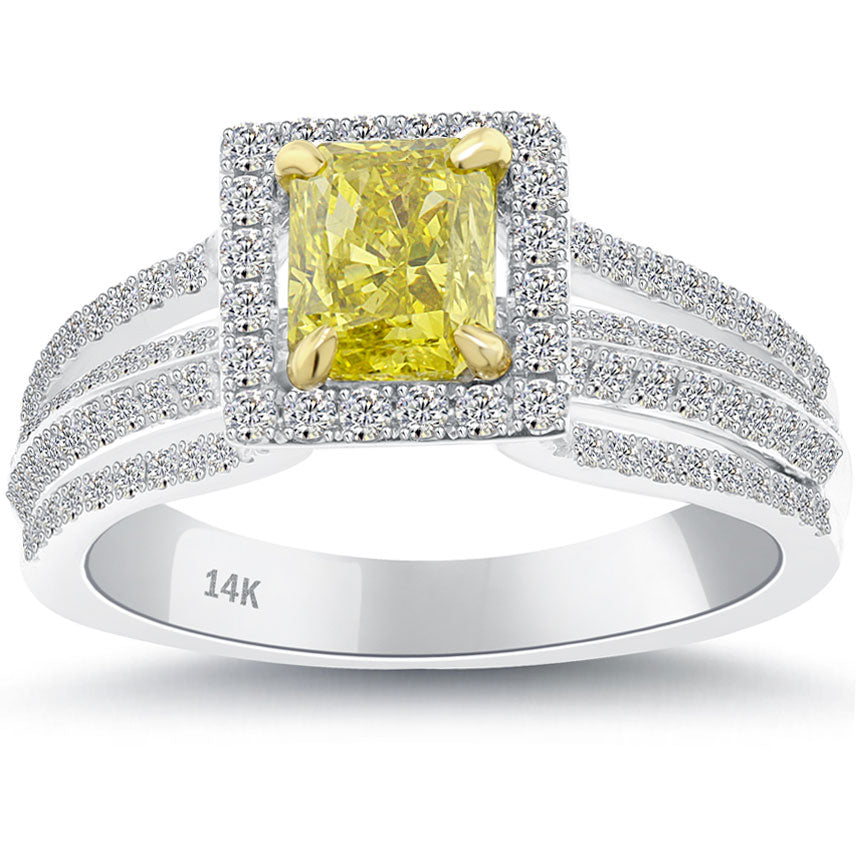 1.53 Carat Fancy Yellow Radiant Cut Diamond Engagement Ring 14k Gold Pave Halo