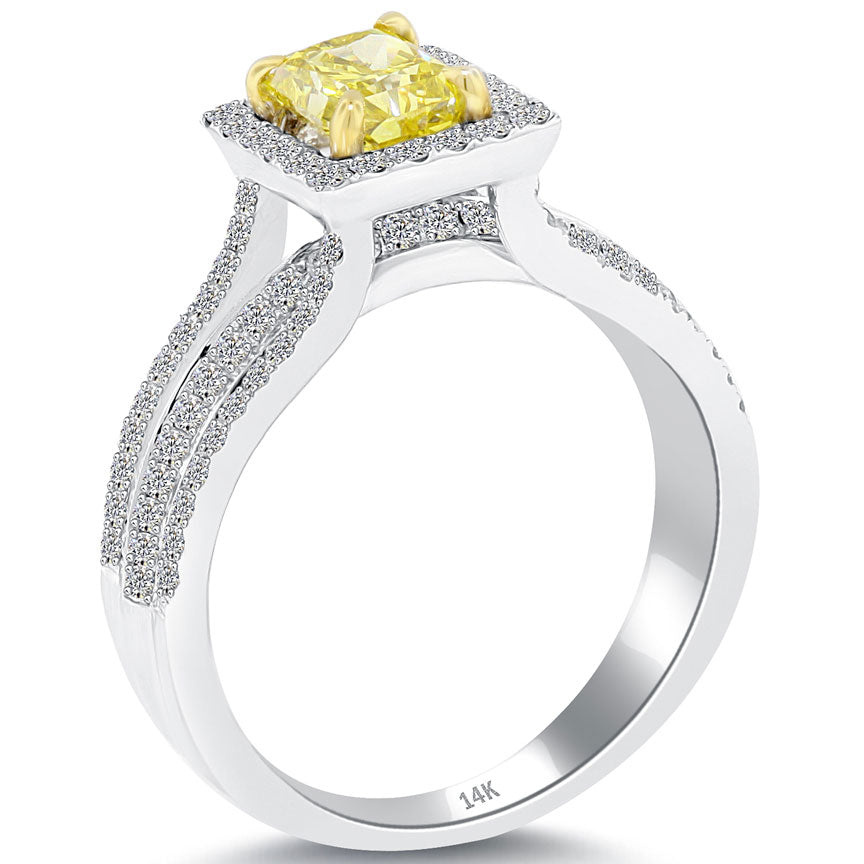 1.53 Carat Fancy Yellow Radiant Cut Diamond Engagement Ring 14k Gold Pave Halo