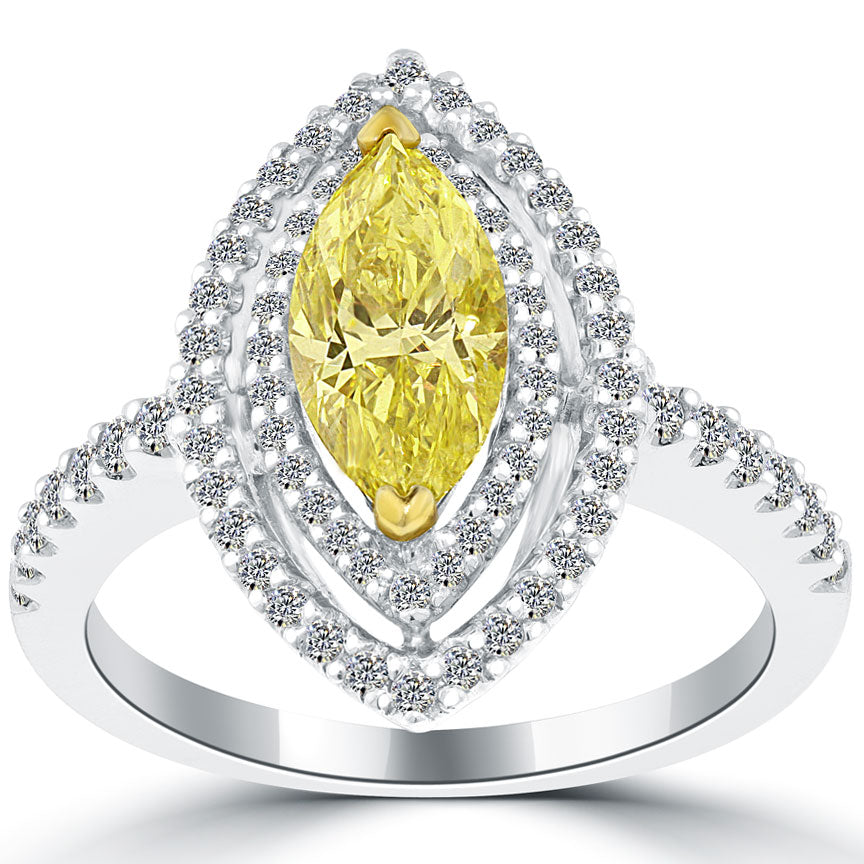 1.64 Carat Fancy Yellow Marquise Shape Diamond Engagement Ring 18k White Gold