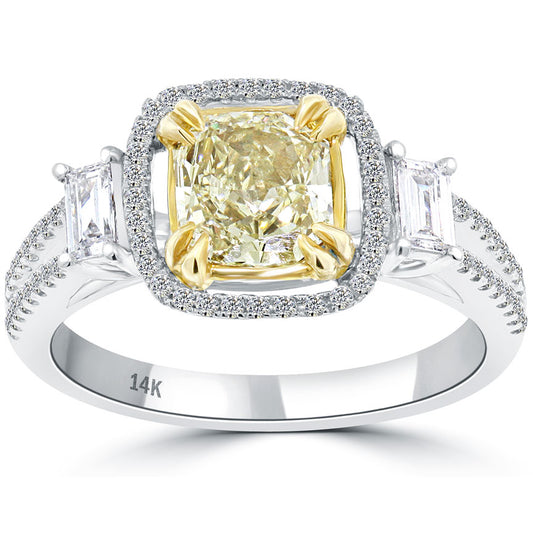 1.84 Carat Fancy Yellow Radiant Cut Diamond Engagement Ring 14k Gold Pave Halo