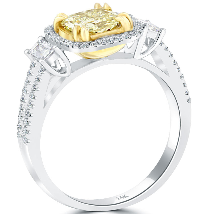 1.84 Carat Fancy Yellow Radiant Cut Diamond Engagement Ring 14k Gold Pave Halo
