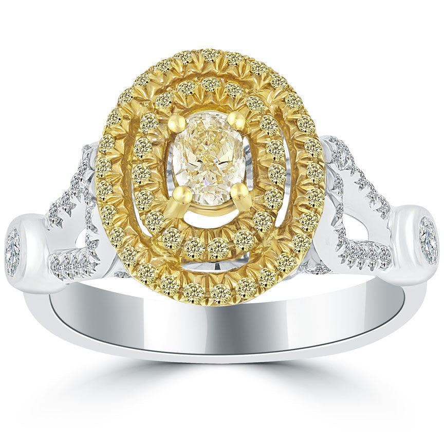 1.17 Carat Natural Fancy Light Yellow Oval Diamond Engagement Ring 18k Pave Halo