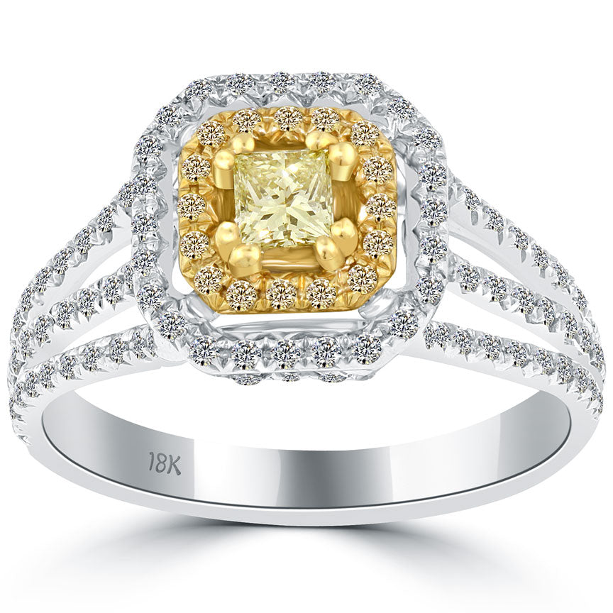 1.24 Carat Fancy Yellow Princess Cut Diamond Engagement Ring 18k Gold Pave Halo