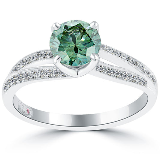 1.24 Carat Fancy Greenish Blue Round Diamond Engagement Ring 18k White Gold