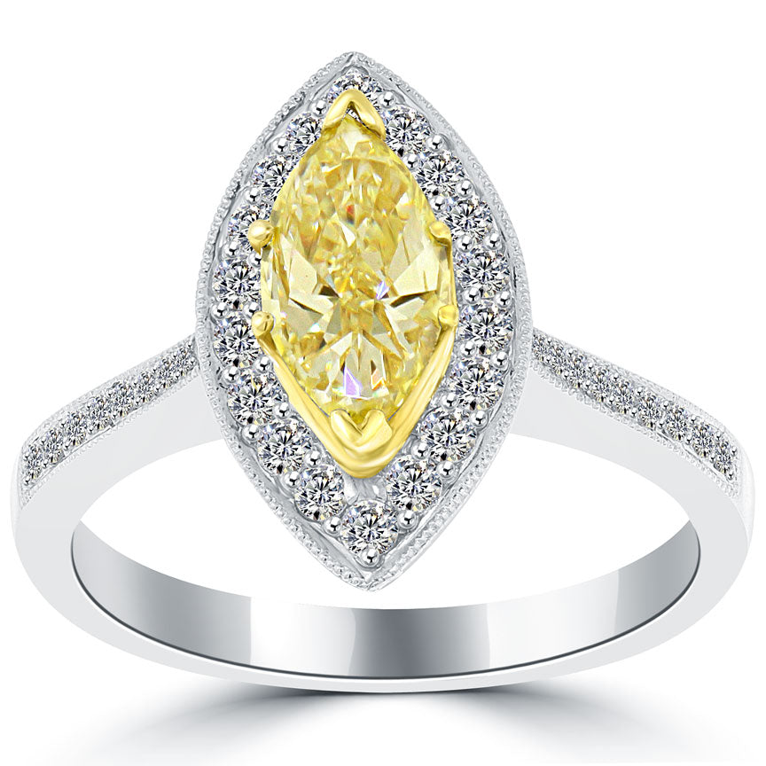 1.51 Carat Fancy Yellow Marquise Shape Diamond Engagement Ring 18k White Gold