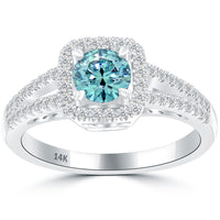 0.98 Carat Fancy Blue Diamond Engagement Ring 14k Gold Pave Halo Vintage Style