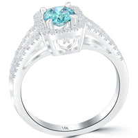 0.98 Carat Fancy Blue Diamond Engagement Ring 14k Gold Pave Halo Vintage Style