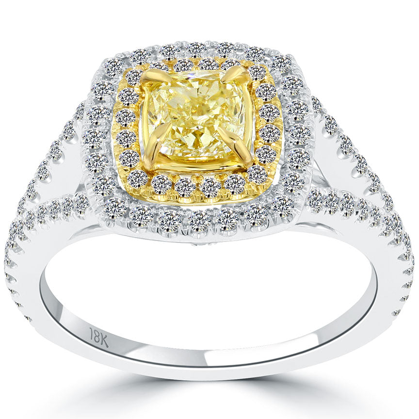 1.38 Carat Fancy Yellow Cushion Cut Diamond Engagement Ring 18k Gold Pave Halo