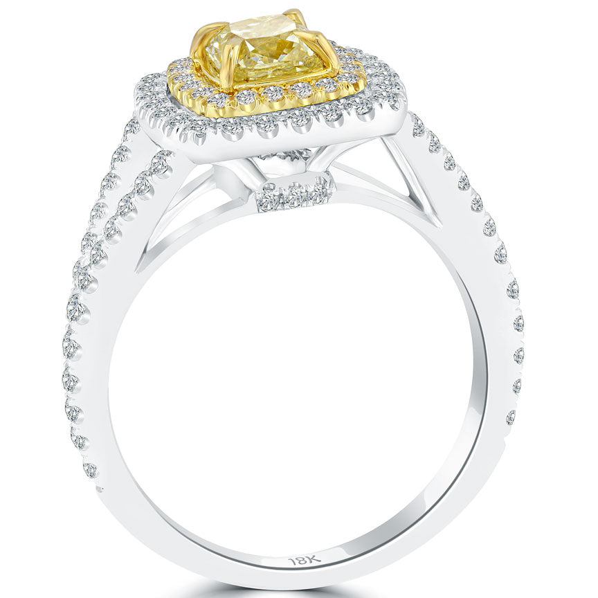 1.38 Carat Fancy Yellow Cushion Cut Diamond Engagement Ring 18k Gold Pave Halo