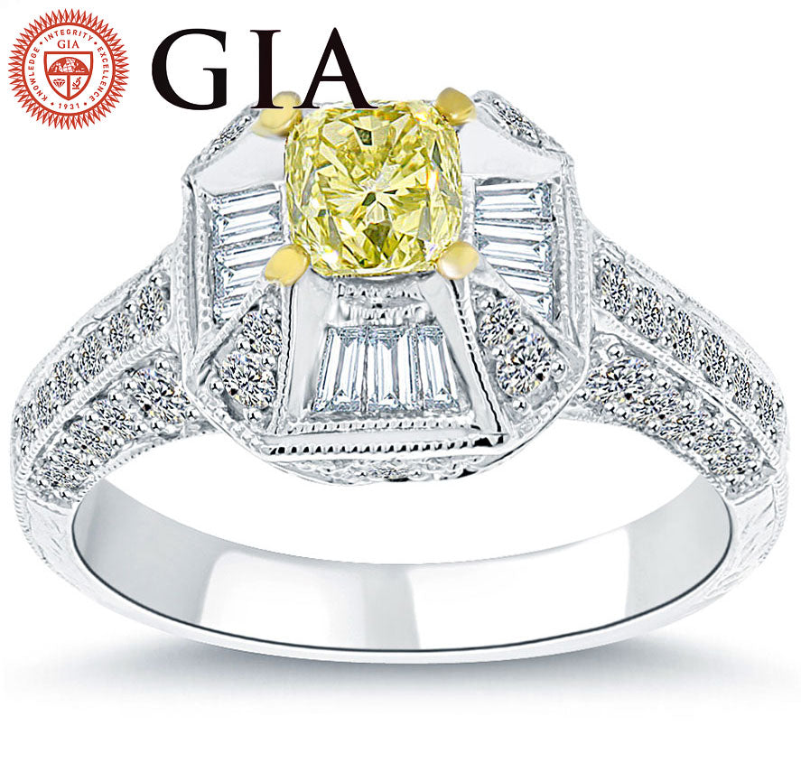 1.86 Carat GIA Certified Fancy Yellow Cushion Cut Diamond Engagement Ring 18k