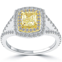 1.49 Carat Fancy Yellow Cushion Cut Diamond Engagement Ring 18k Gold Pave Halo