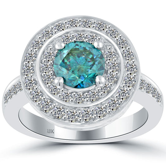 2.14 Carat Fancy Blue Diamond Engagement Ring 18k White Gold Pave Halo