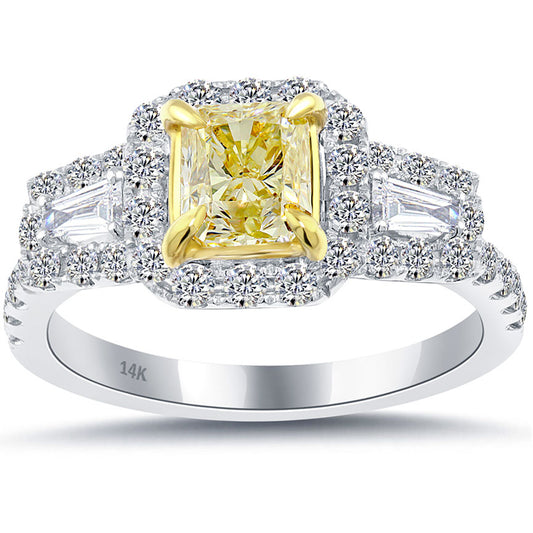 1.77 Carat Fancy Yellow Radiant Cut Diamond Engagement Ring 14k Vintage Style
