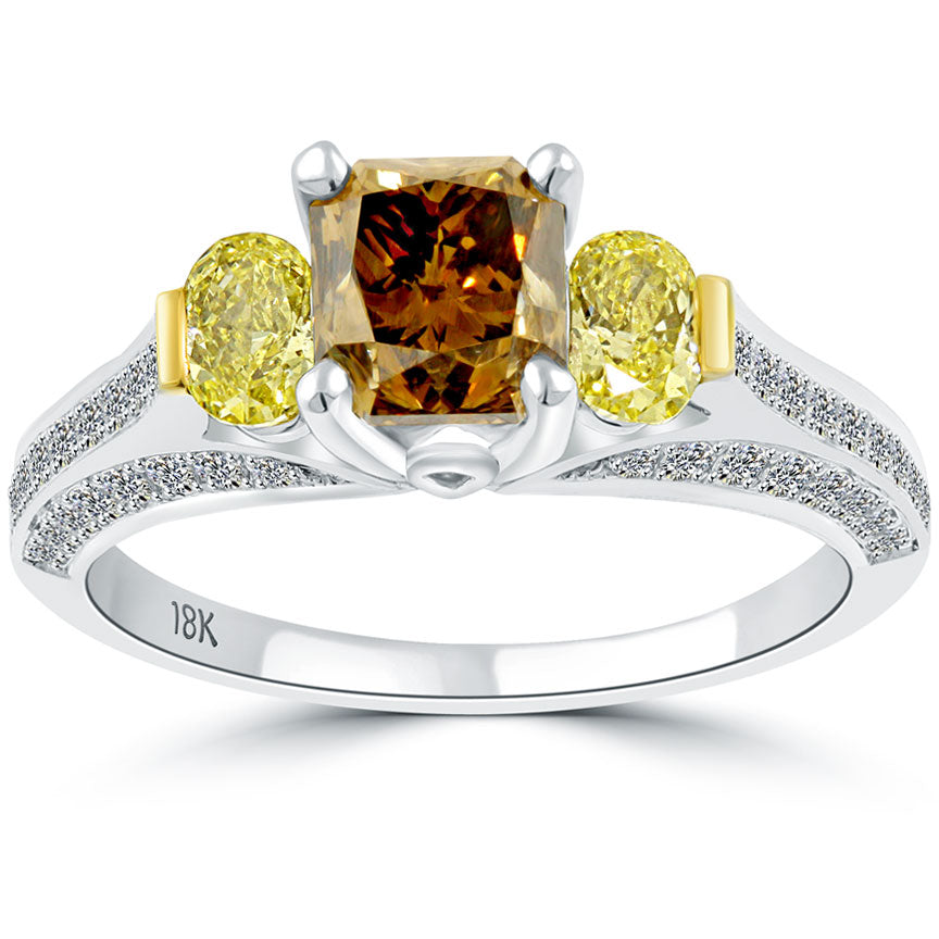 2.53 Carat Fancy Cognac Brown & Fancy Yellow Three Stone Diamond Engagement Ring