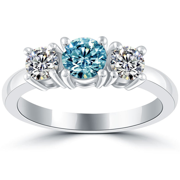 1.06 Carat Fancy Blue & White Round Cut Three Stone Diamond Engagement Ring 14k