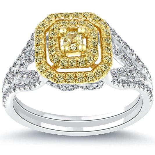 1.15 Carat Fancy Yellow Princess Cut Diamond Engagement Ring 18K Vintage Style