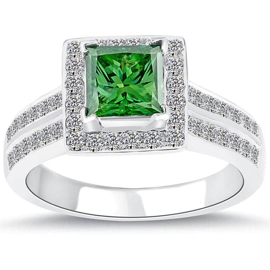 1.71 Carat Fancy Green Princess Cut Diamond Engagement Ring 14k White Gold