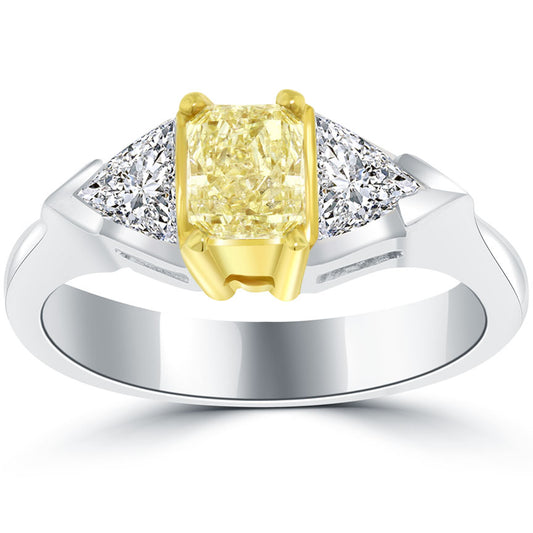 1.45 Carat Radiant Cut Fancy Yellow Three Stone Diamond Engagement Ring 14k Gold