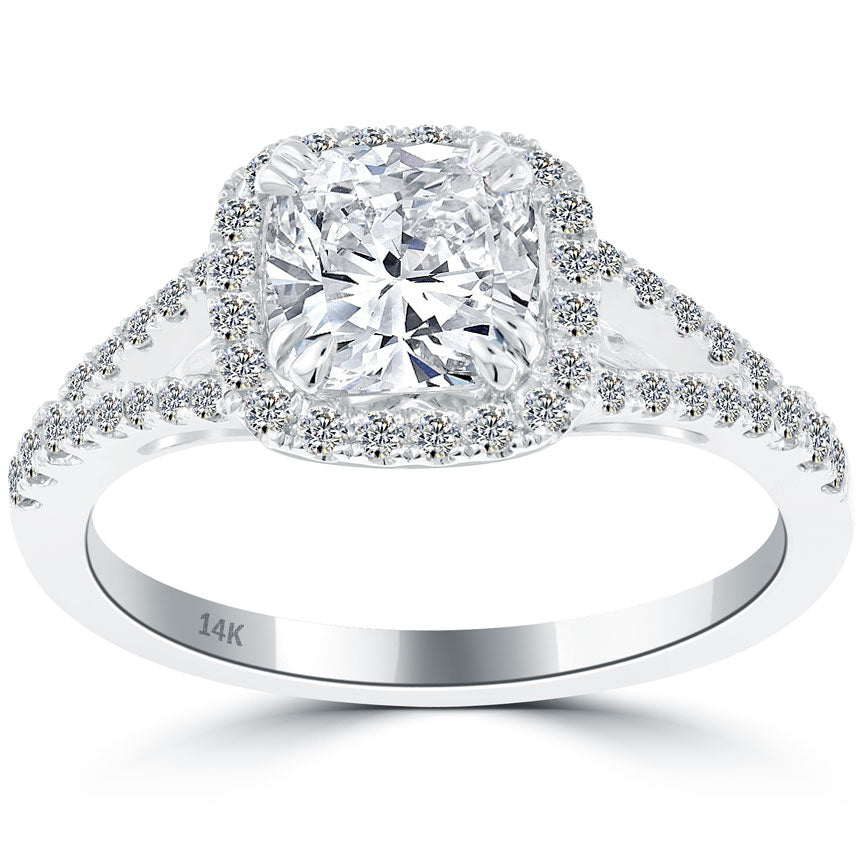 1.57 Carat G-SI1 Cushion Cut Natural Diamond Engagement Ring 14k Gold Pave Halo