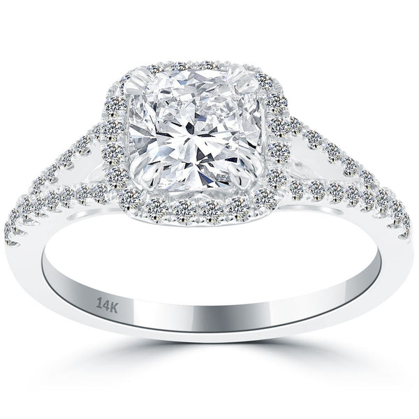 1.57 Carat G-SI1 Cushion Cut Natural Diamond Engagement Ring 14k Gold Pave Halo