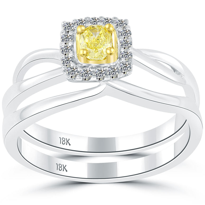 0.39 Carat Fancy Yellow Cushion Cut Diamond Engagement Ring & Wedding Band Set