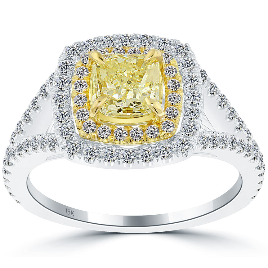 1.41 Carat Fancy Yellow Radiant Cut Diamond Engagement Ring 18k Gold Pave Halo