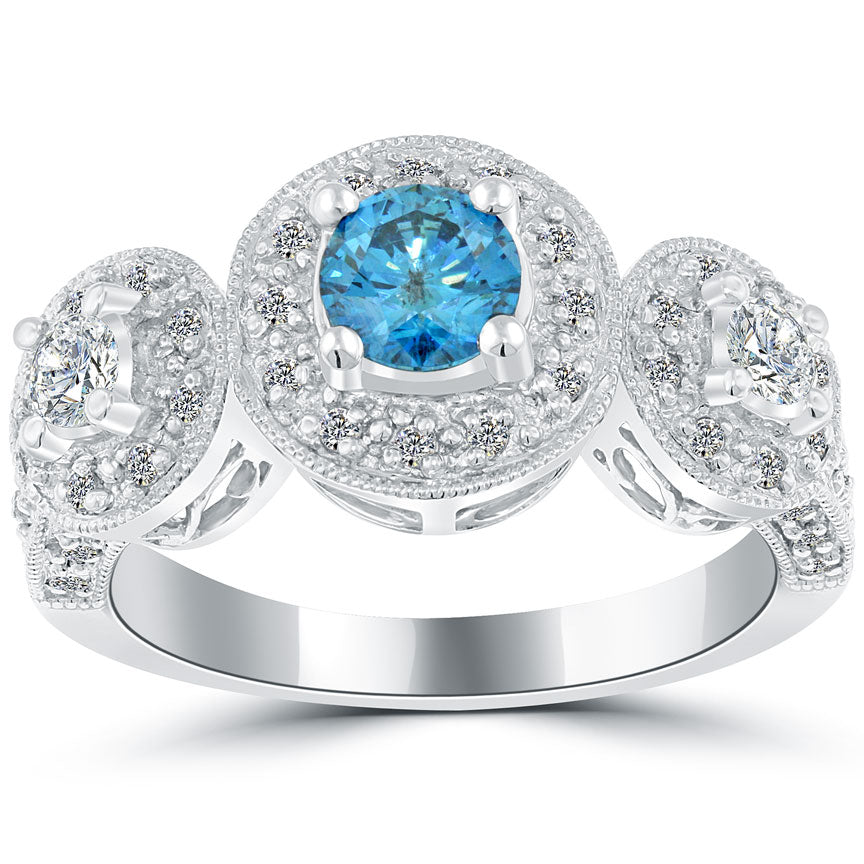 1.24 Carat Fancy Blue Diamond Engagement Ring 14k White Gold Vintage Style