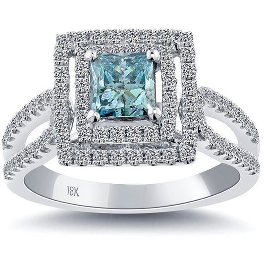 1.56 Carat Fancy Blue Princess Cut Diamond Engagement Ring 18k Gold Pave Halo