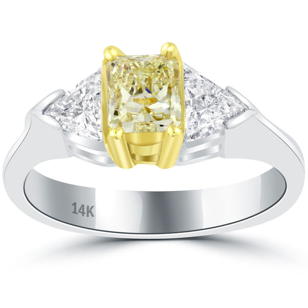 1.55 Carat Radiant Cut Fancy Yellow Three Stone Diamond Engagement Ring 14k Gold