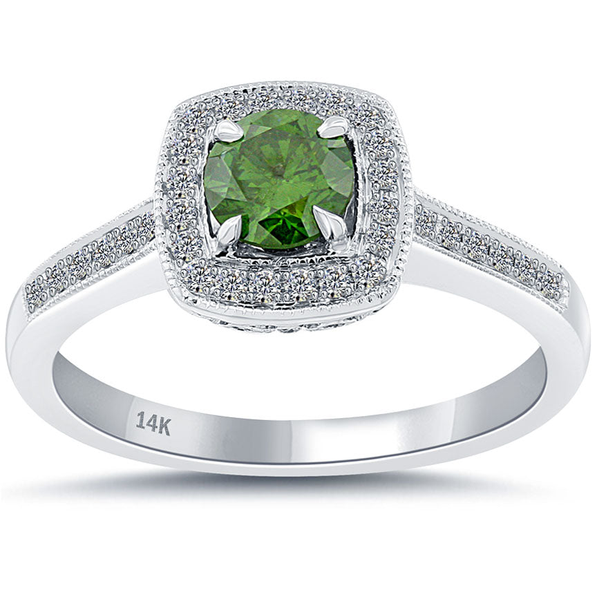 0.63 Carat Fancy Green Diamond Engagement Ring 14k White Gold Pave Halo