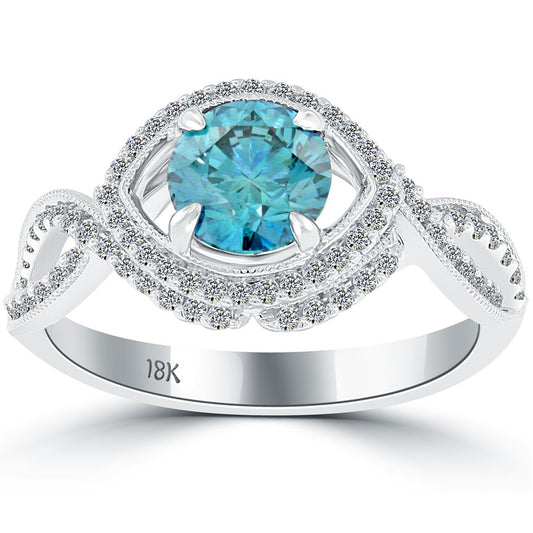 1.71 Carat Fancy Blue Diamond Engagement Ring 18k White Gold Vintage Style