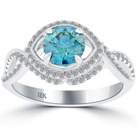 1.71 Carat Fancy Blue Diamond Engagement Ring 18k White Gold Vintage Style