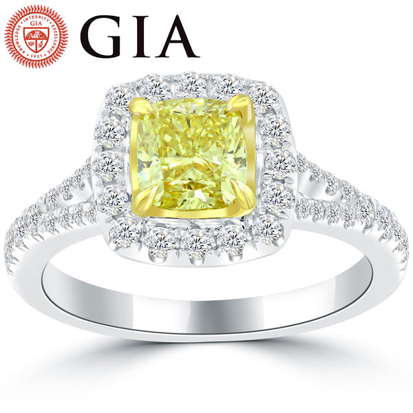 1.62 Ct. GIA Certified Natural Fancy Yellow Cushion Cut Diamond Engagement Ring