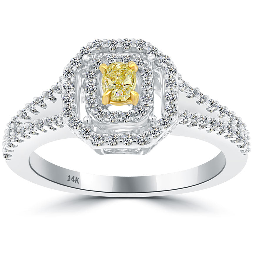 0.82 Carat Fancy Yellow Oval Cut Diamond Engagement Ring 14k Gold Pave Halo
