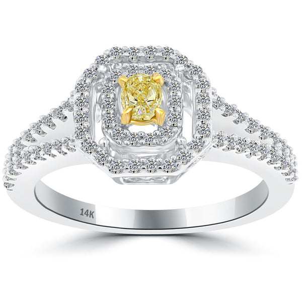 0.82 Carat Fancy Yellow Oval Cut Diamond Engagement Ring 14k Gold Pave Halo