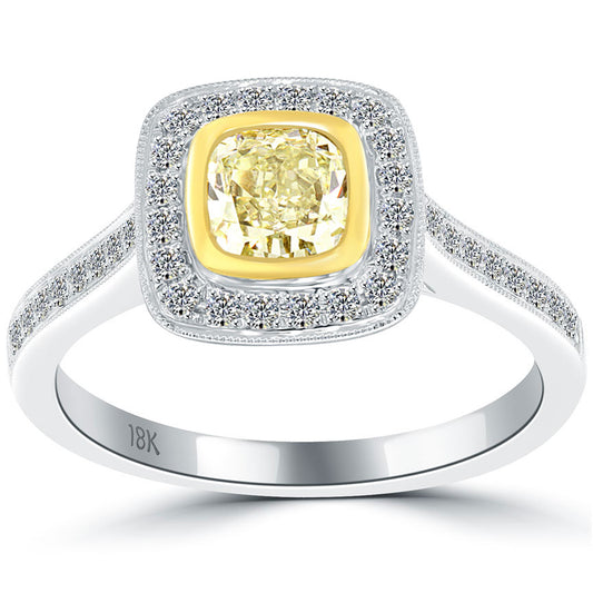 1.19 Carat Fancy Yellow Cushion Cut Diamond Engagement Ring 18k Vintage Style