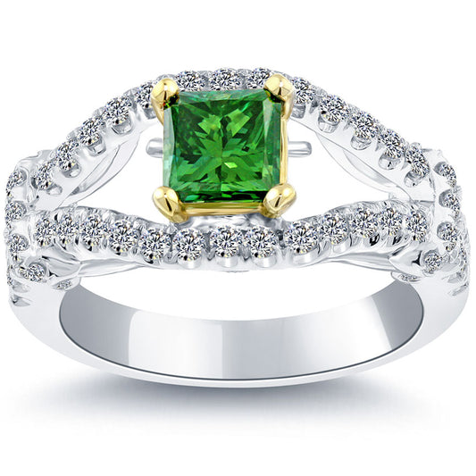 1.86 Carat Fancy Green Princess Cut Diamond Engagement Ring 14k White Gold