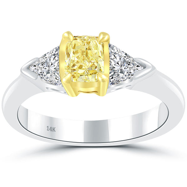 1.50 Carat Cushion Cut Fancy Yellow Three Stone Diamond Engagement Ring 14k Gold