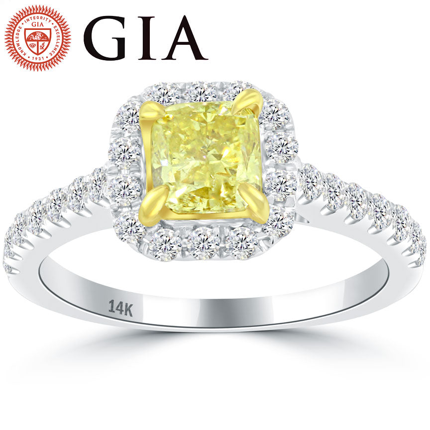 1.43 Ct. GIA Certified Natural Fancy Yellow Cushion Cut Diamond Engagement Ring