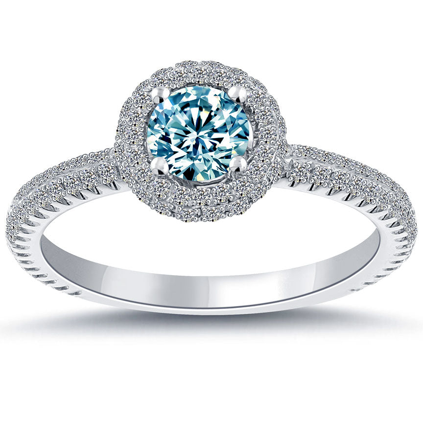 0.95 Carat Fancy Blue Diamond Engagement Ring 18k White Gold Pave Halo