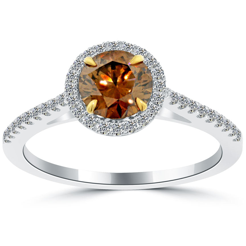 1.14 Carat Natural Fancy Cognac Brown Diamond Engagement Ring 18k Gold Pave Halo