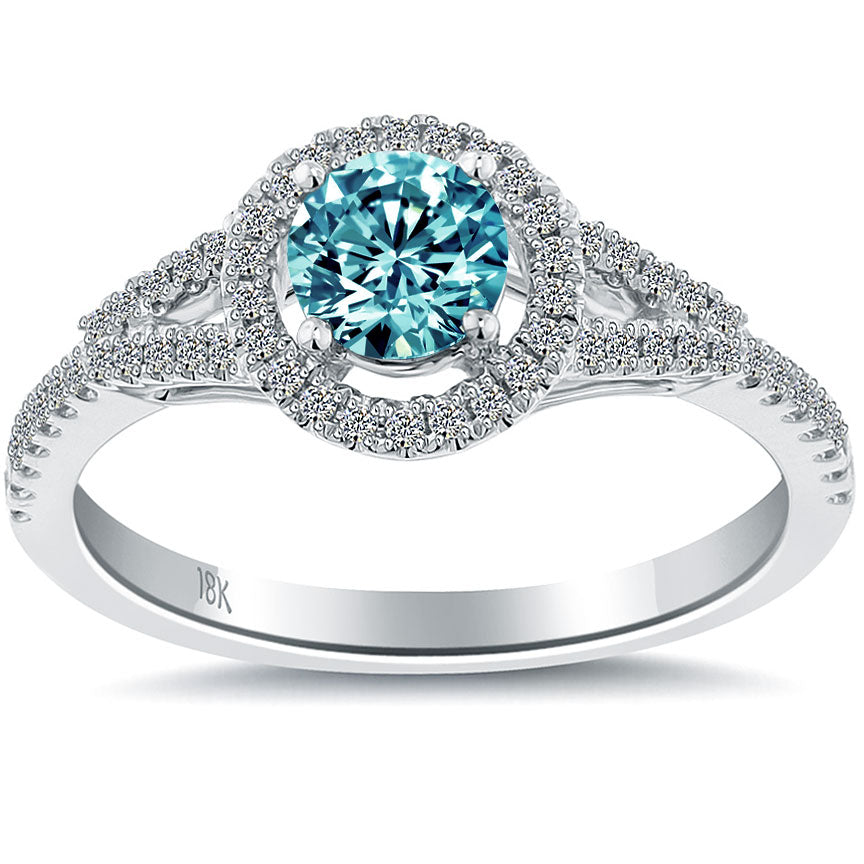 0.87 Carat Fancy Blue Diamond Engagement Ring 18k Gold Pave Halo Vintage Style