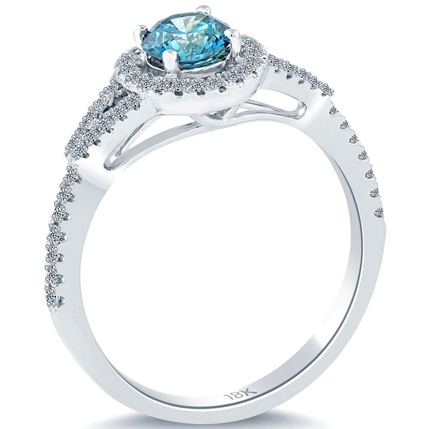 0.87 Carat Fancy Blue Diamond Engagement Ring 18k Gold Pave Halo Vintage Style