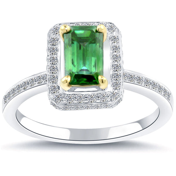 1.32 Carat Fancy Green Emerald Cut Diamond Engagement Ring 14k Gold Pave Halo