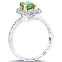 1.32 Carat Fancy Green Emerald Cut Diamond Engagement Ring 14k Gold Pave Halo
