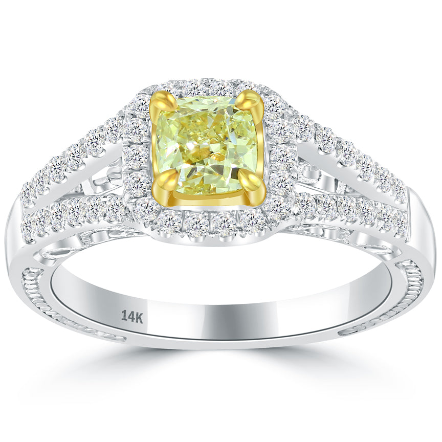 1.25 Carat Fancy Yellow Cushion Cut Diamond Engagement Ring 14k Vintage Style