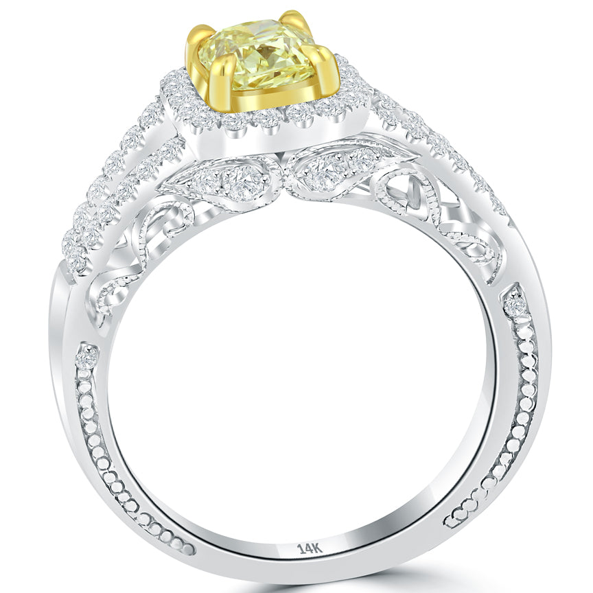 1.25 Carat Fancy Yellow Cushion Cut Diamond Engagement Ring 14k Vintage Style
