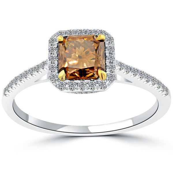 1.38 Carat Fancy Cognac Brown Radiant Cut Diamond Engagement Ring 14k Pave Halo