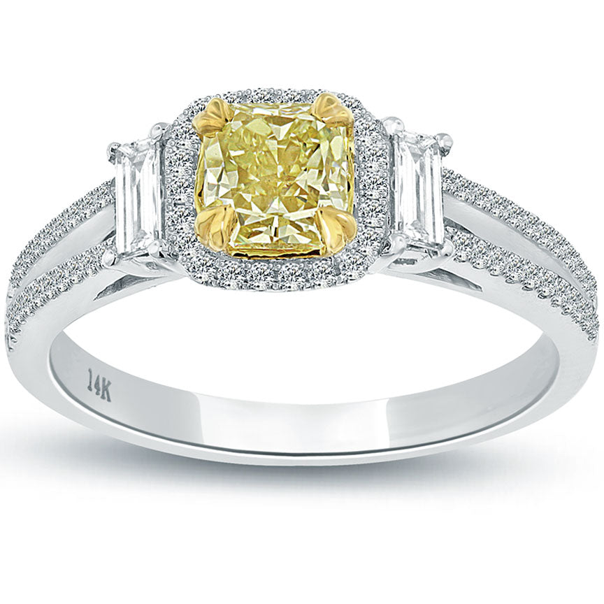 1.16 Carat Fancy Yellow Cushion Cut Diamond Engagement Ring 14k Gold Pave Halo